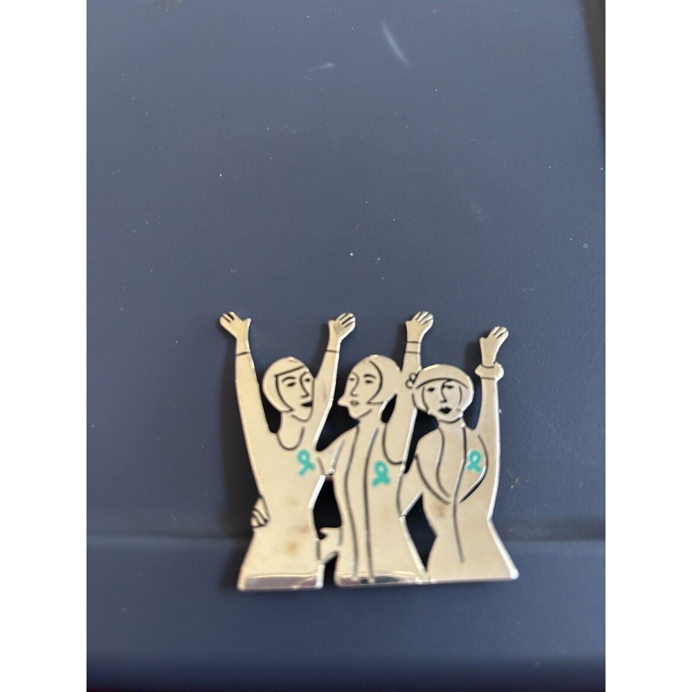 Women with Arms Raised and Ovarian Teal Awareness Ribbons Pin SIlver Tone Brooch